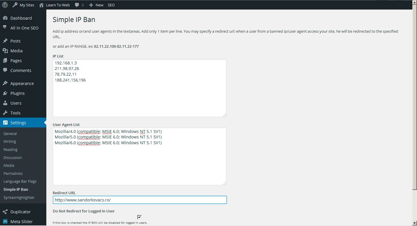 Settings page.