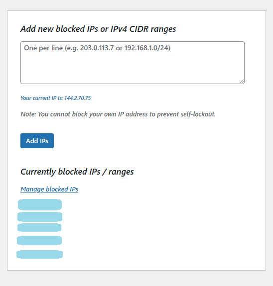 Add IPs to block with CIDR support and self-blocking protection