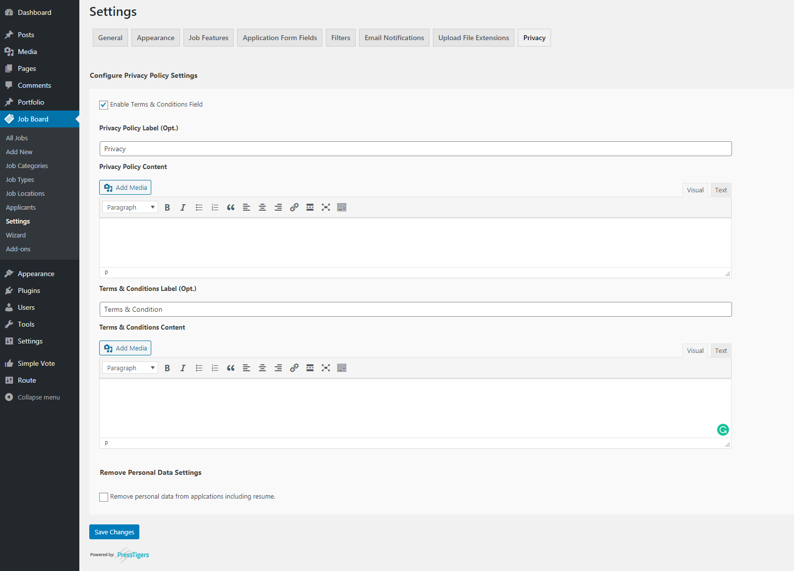**Application Notes** - This section helps site administrators to add additional notes to received Resumes.