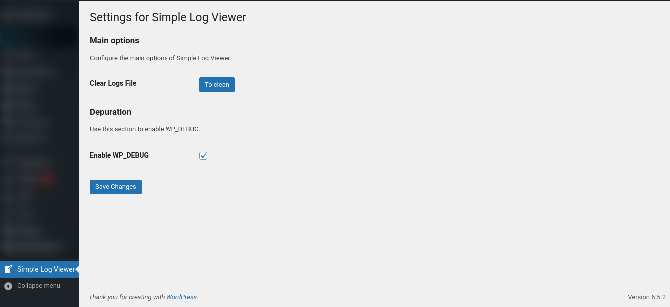Settings page for enable WP_DEBUG and clear logs