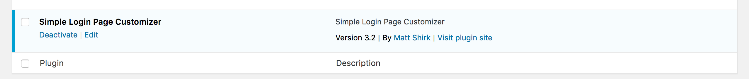 Screenshot of the plugin listed on the Plugins admin page.