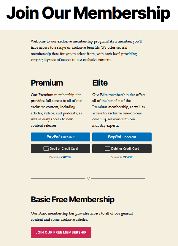 Example of the membership payment landing page.