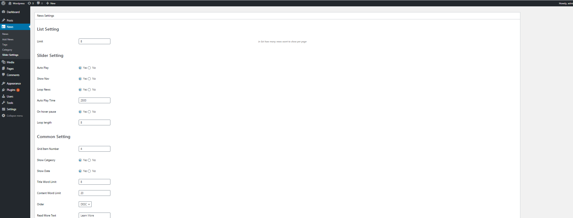 News and slider settings