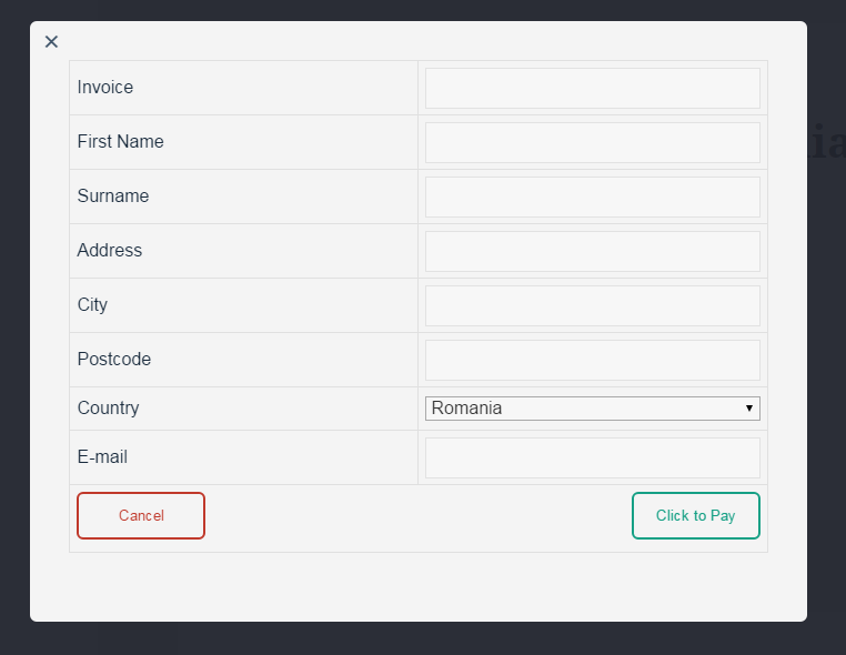 Simple PayU Romania front-end payment form pop-up