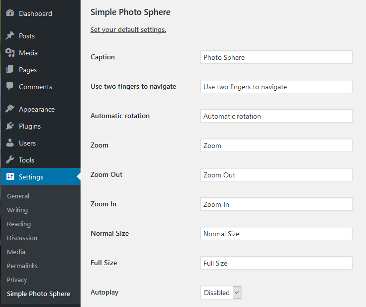 Settings page