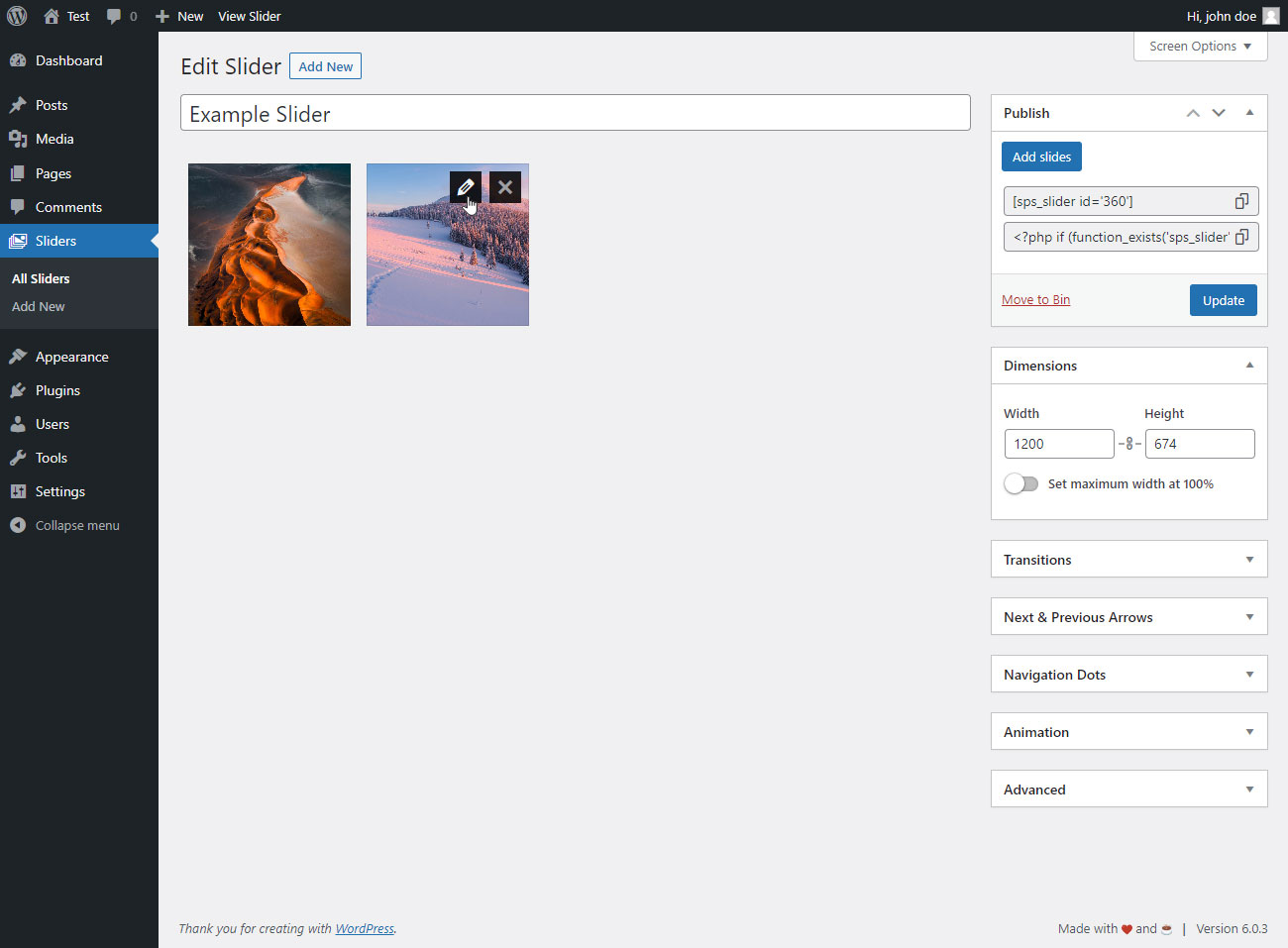 Interface de modification du slider (modification des slides, réarrangement...)