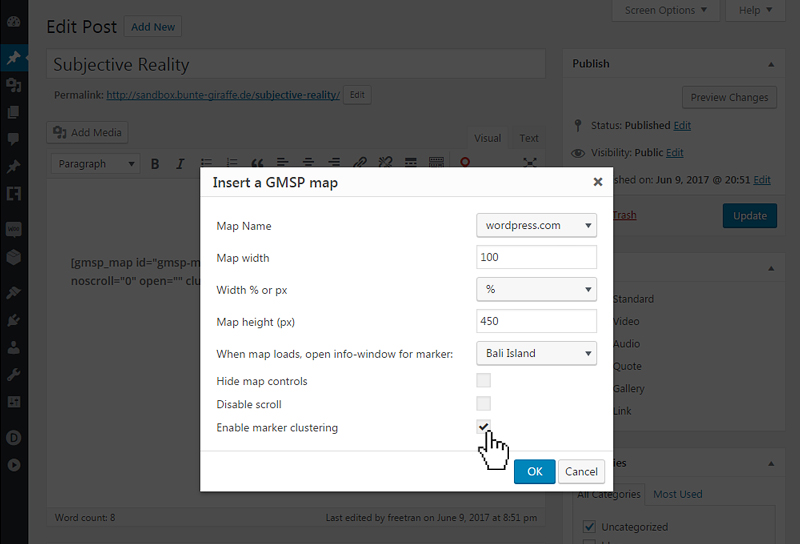 Insert a map using a TinyMCE button and set your options in a popup.