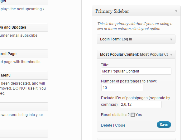 This is a screenshot of the widget settings panel in the Dashboard.