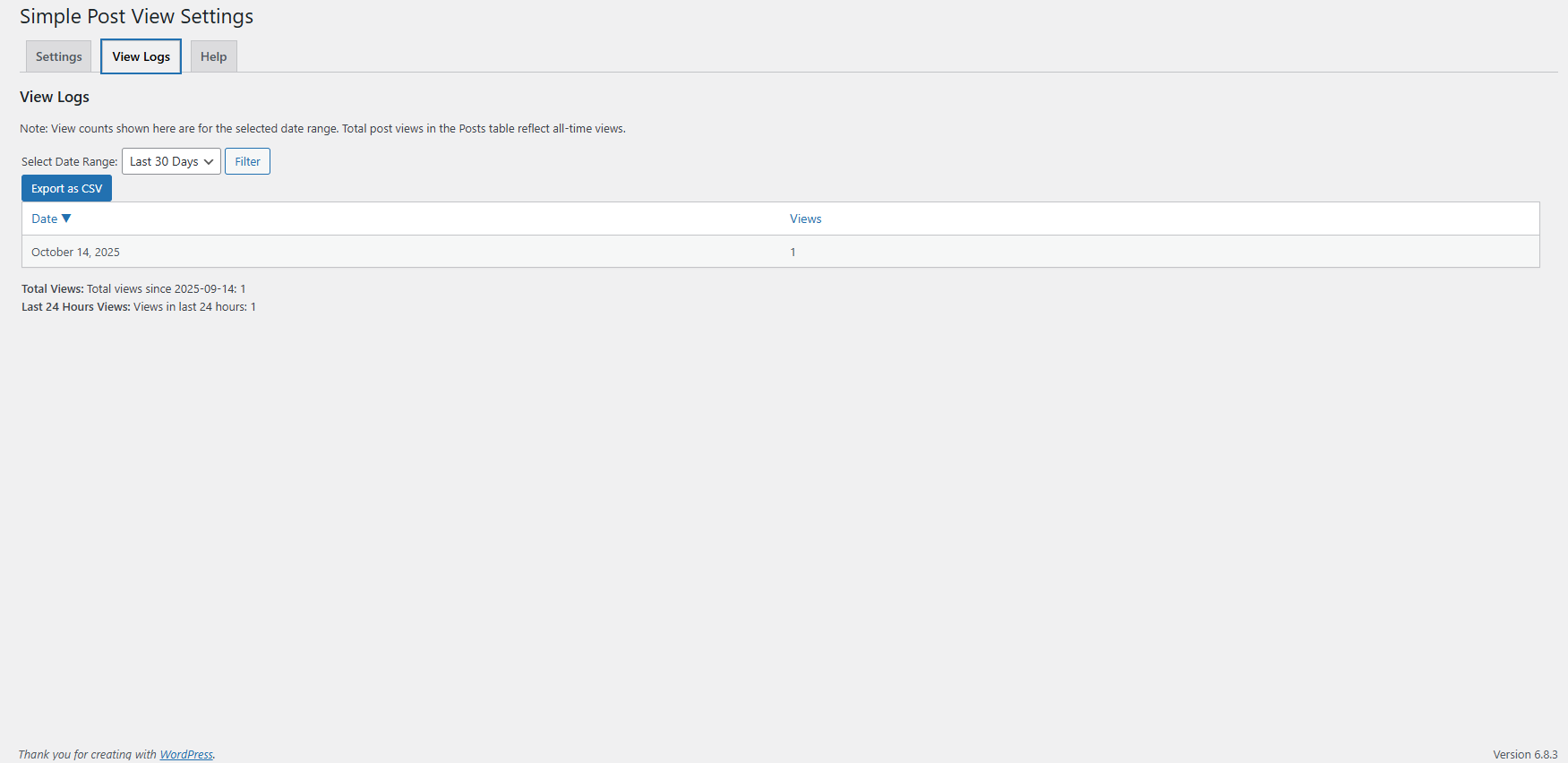 Post view column in the admin post list.