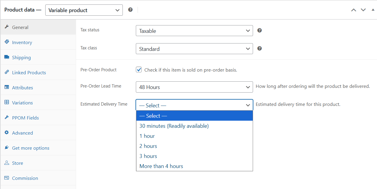 Pre-Order and Estimated Delivery times editable via product edit screen under main product meta.