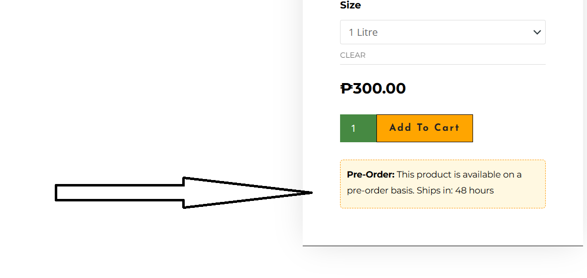 Pre-Order notice displayed on the single product page.