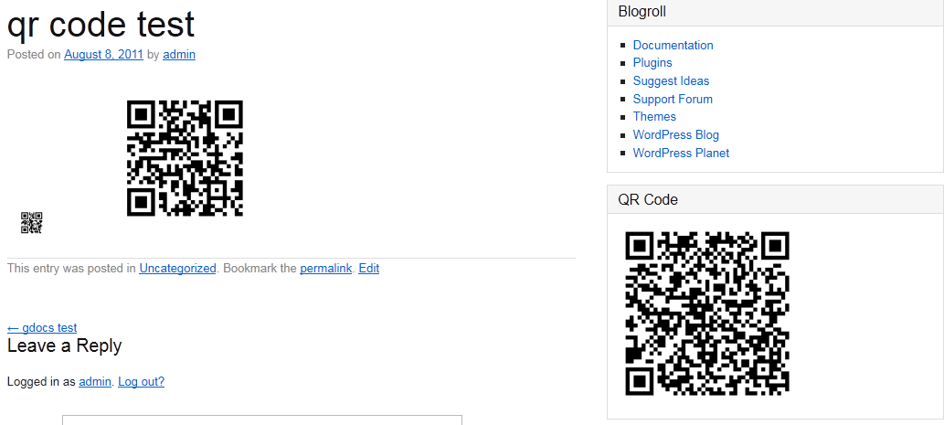 example of generated QR, shortcode and widget