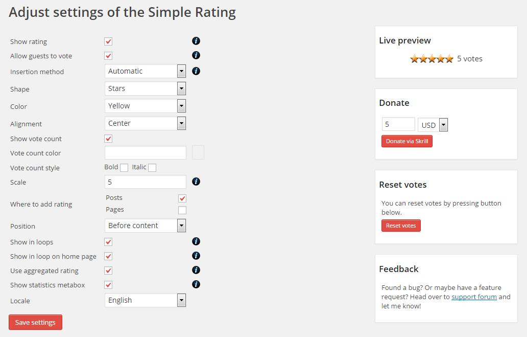 Simple Rating settings