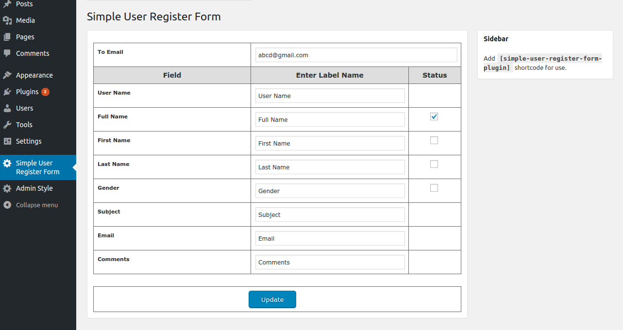 Admin back end to save users register form screenshot.