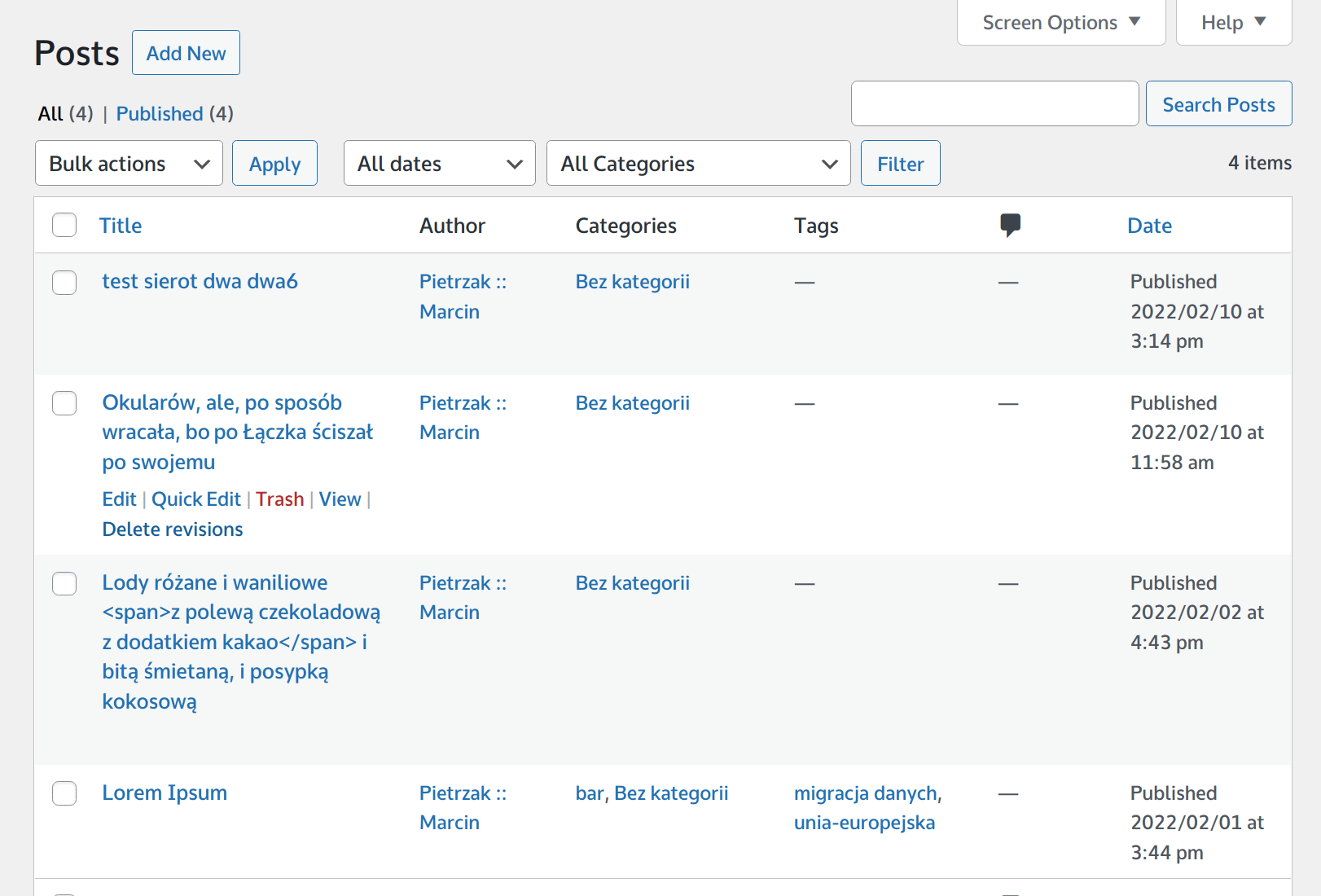 Entries list screen with ability to delete revisions by element.