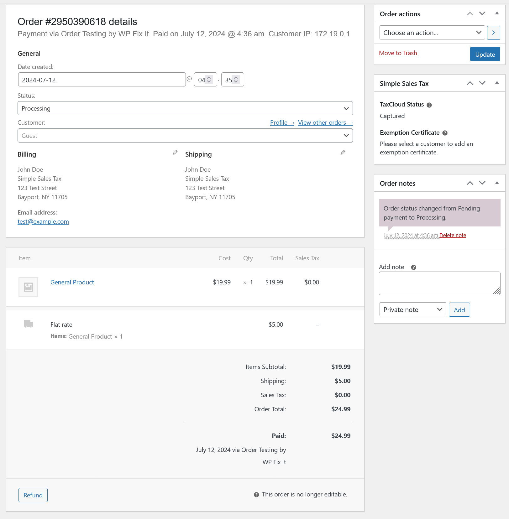 Admins can check an order's status in TaxCloud and view the applied exemption certificate (if any) from the WooCommerce Edit Order Screen