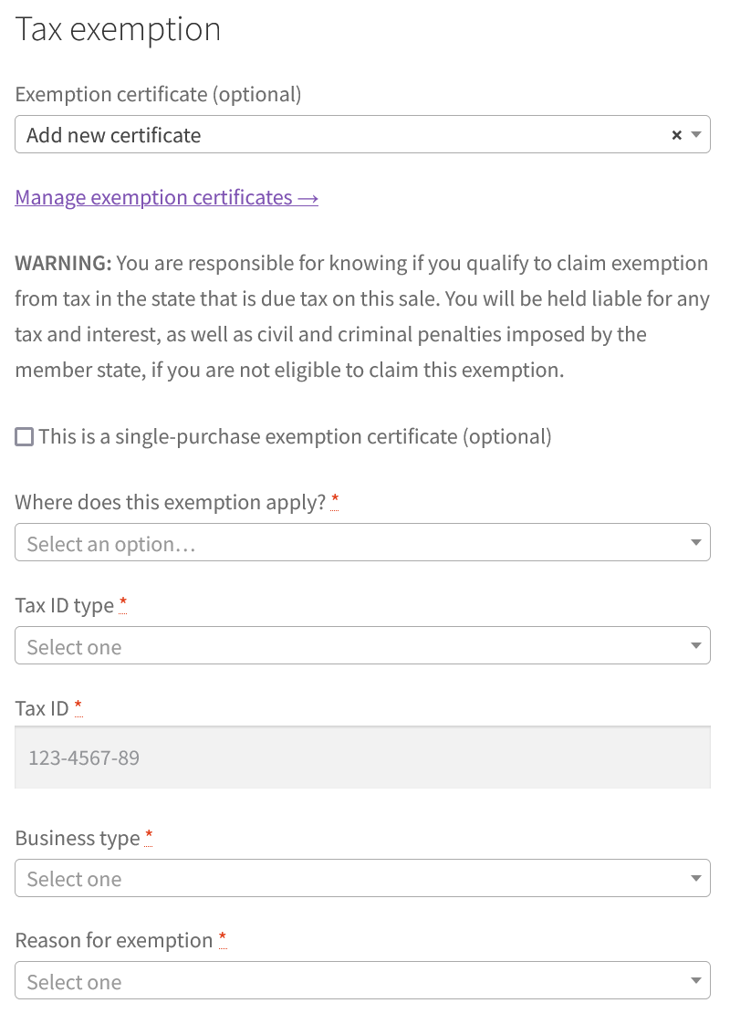 Tax exempt customers can manage their exemption certificate(s) from the checkout page