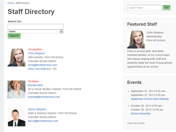 This screen shot shows the Simple School Staff Directory with user photos/avatars.