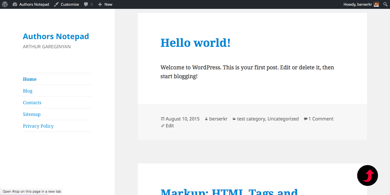 'Scroll to Top' button displayed on front end of website (Twenty Fifteen theme).
