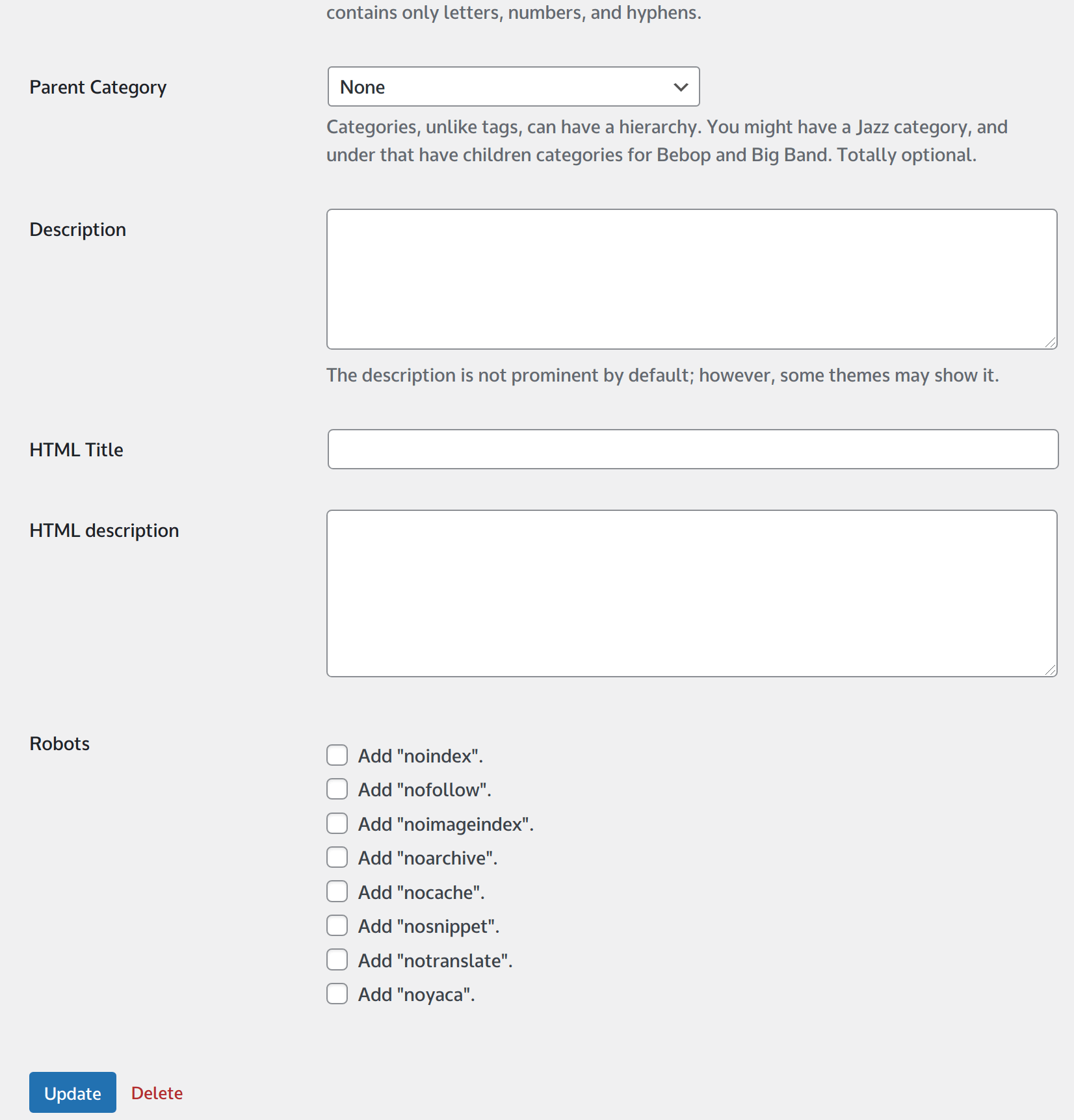The taxonomy editing screen.