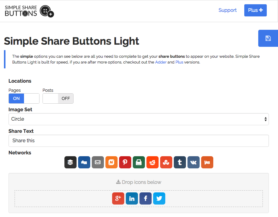 The Simple Share Buttons Light admin page, intentionally few options but just what most shall need.
