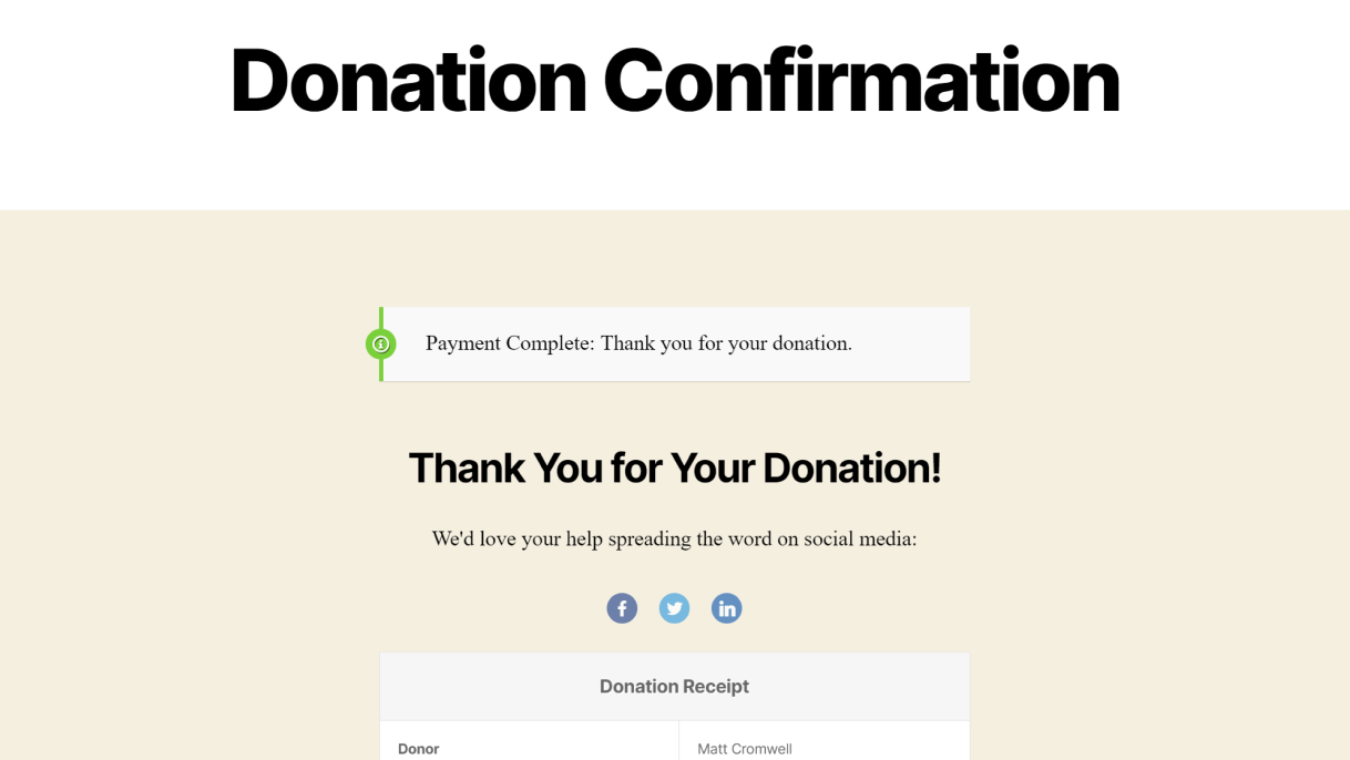 The Social Icons shown above the GiveWP Donation Receipt on the Twenty Twenty theme.