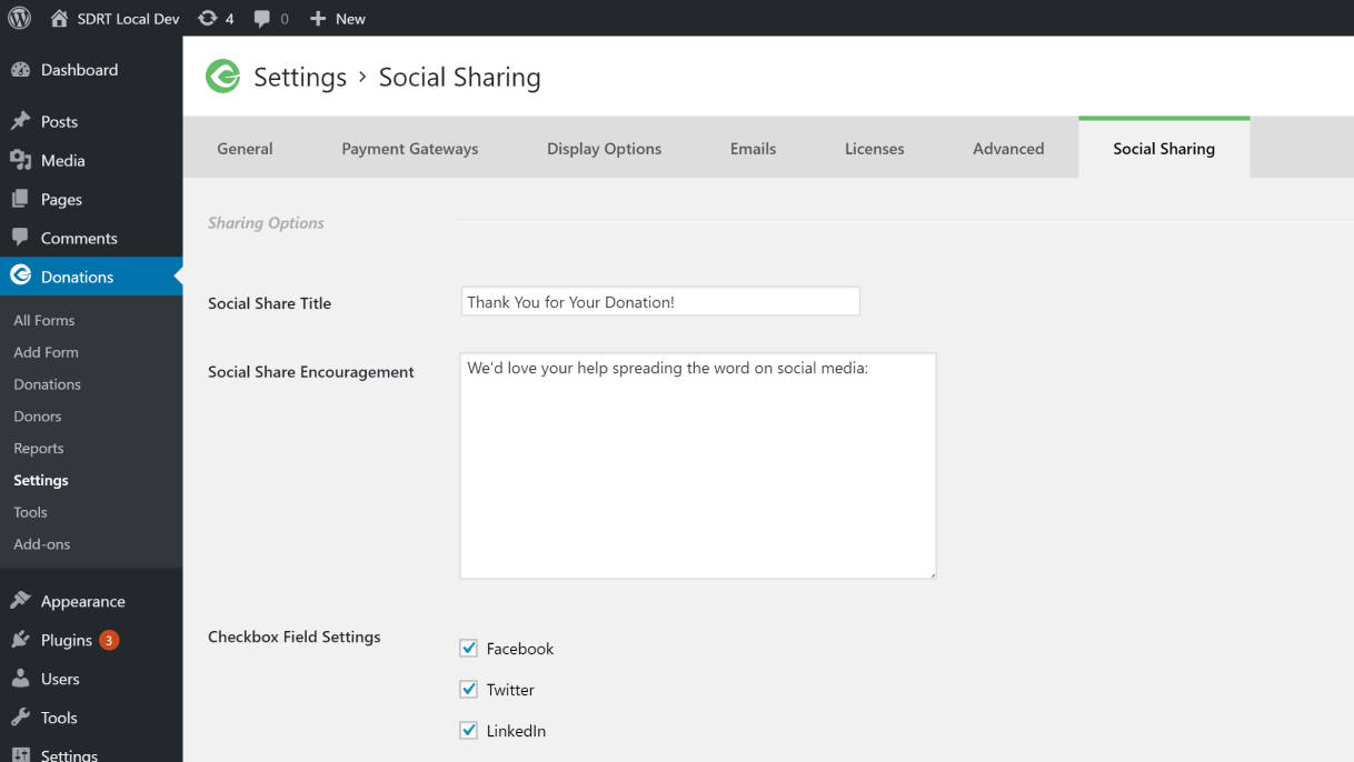 The SSS4GiveWP settings page.