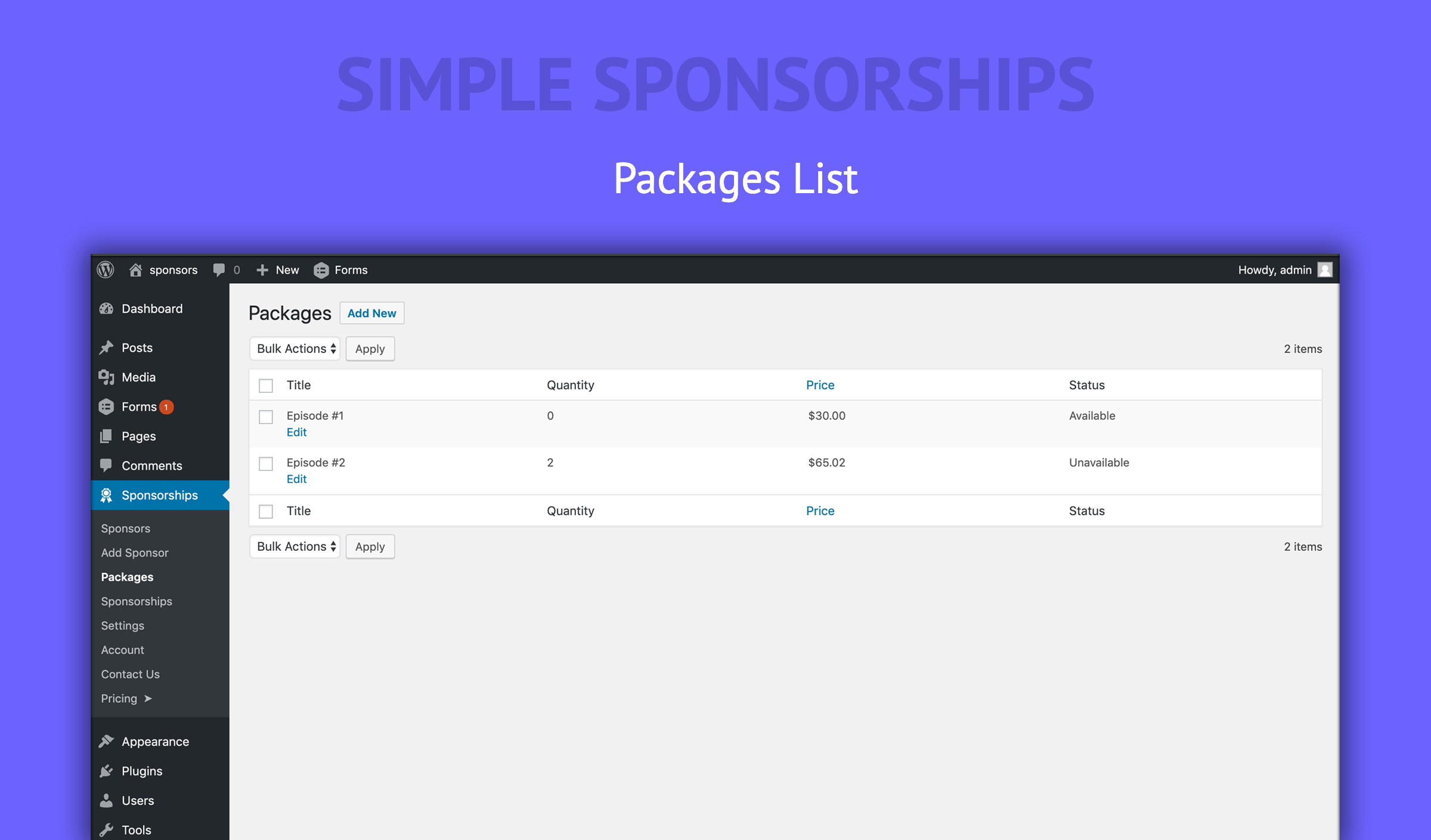 List of Packages.