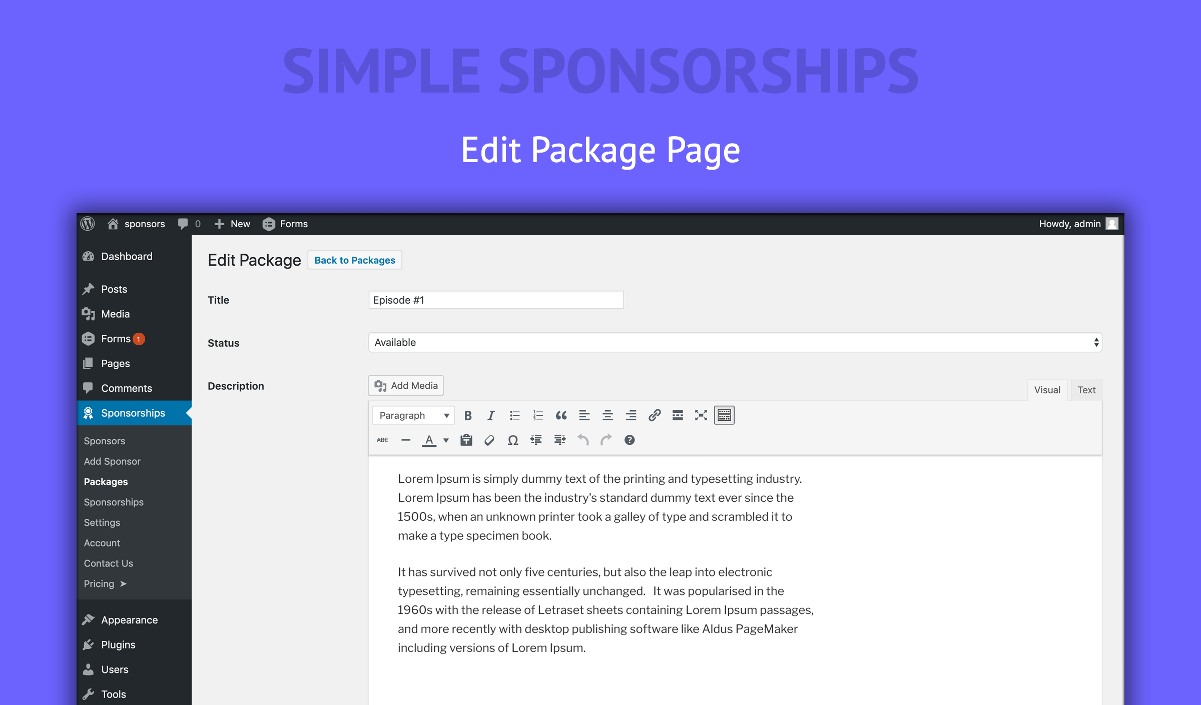Single Edit Package Page.