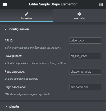 Configuración del botón. (Datos de Stripe | Producto | Cuenta).