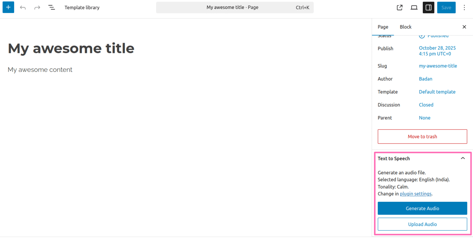 Block editor: Generate audio from the block editor sidebar