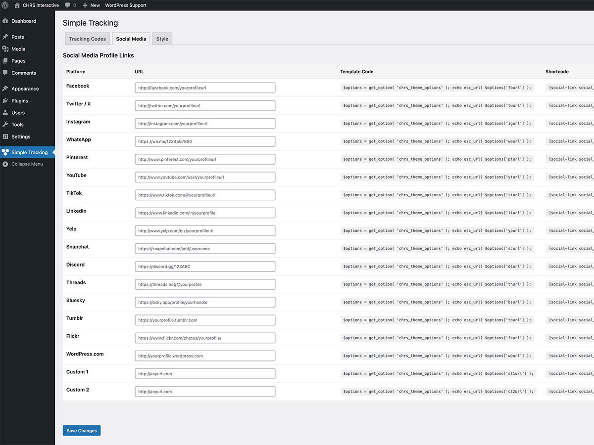 Social Media tab - Manage all your social profile URLs