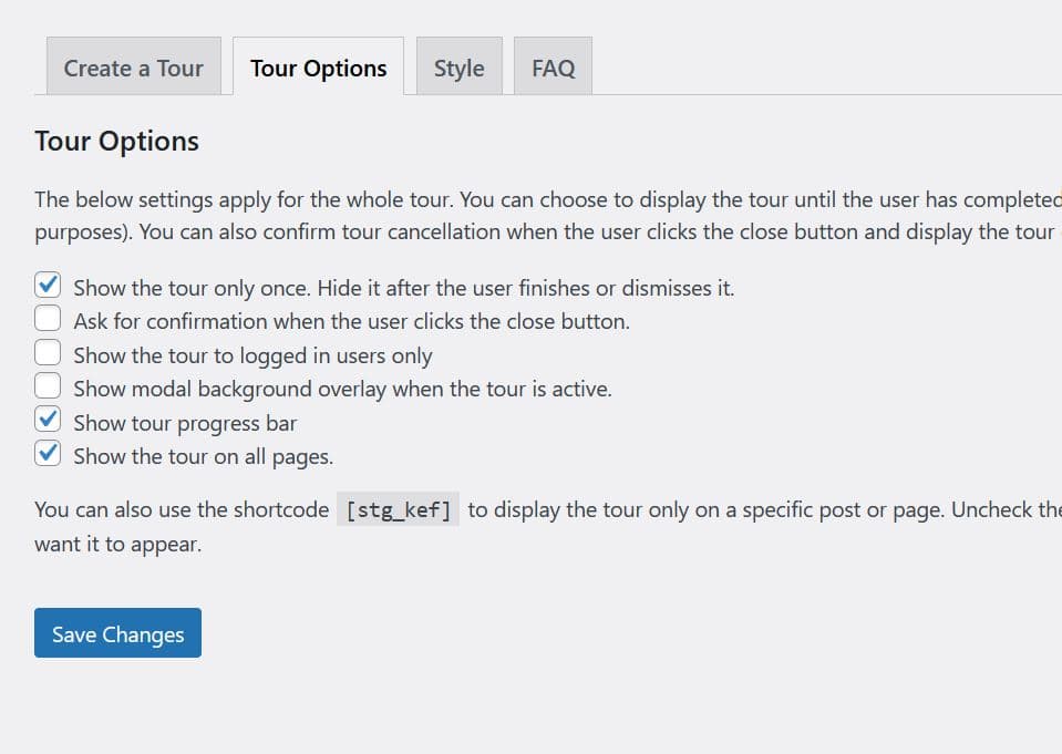 Plugin settings page: tour options