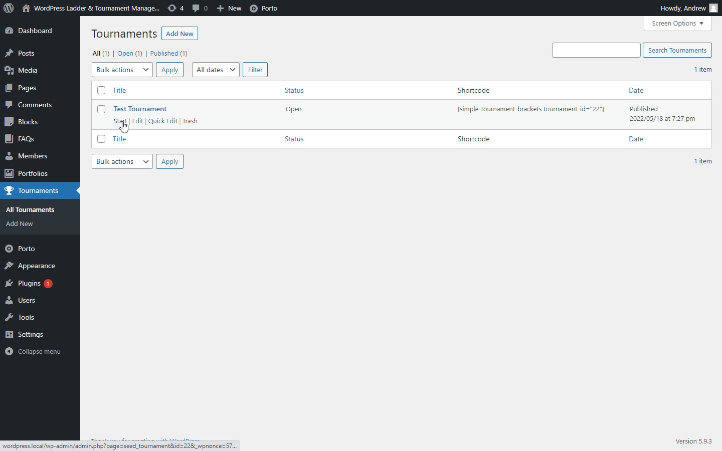 The WordPress backend **All Tournaments** list. You can find the shortcode for each tournament here as well as the **Start**, **Reset**, and **Finish** actions.