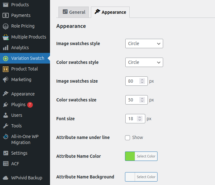 Admin settings - Appearence