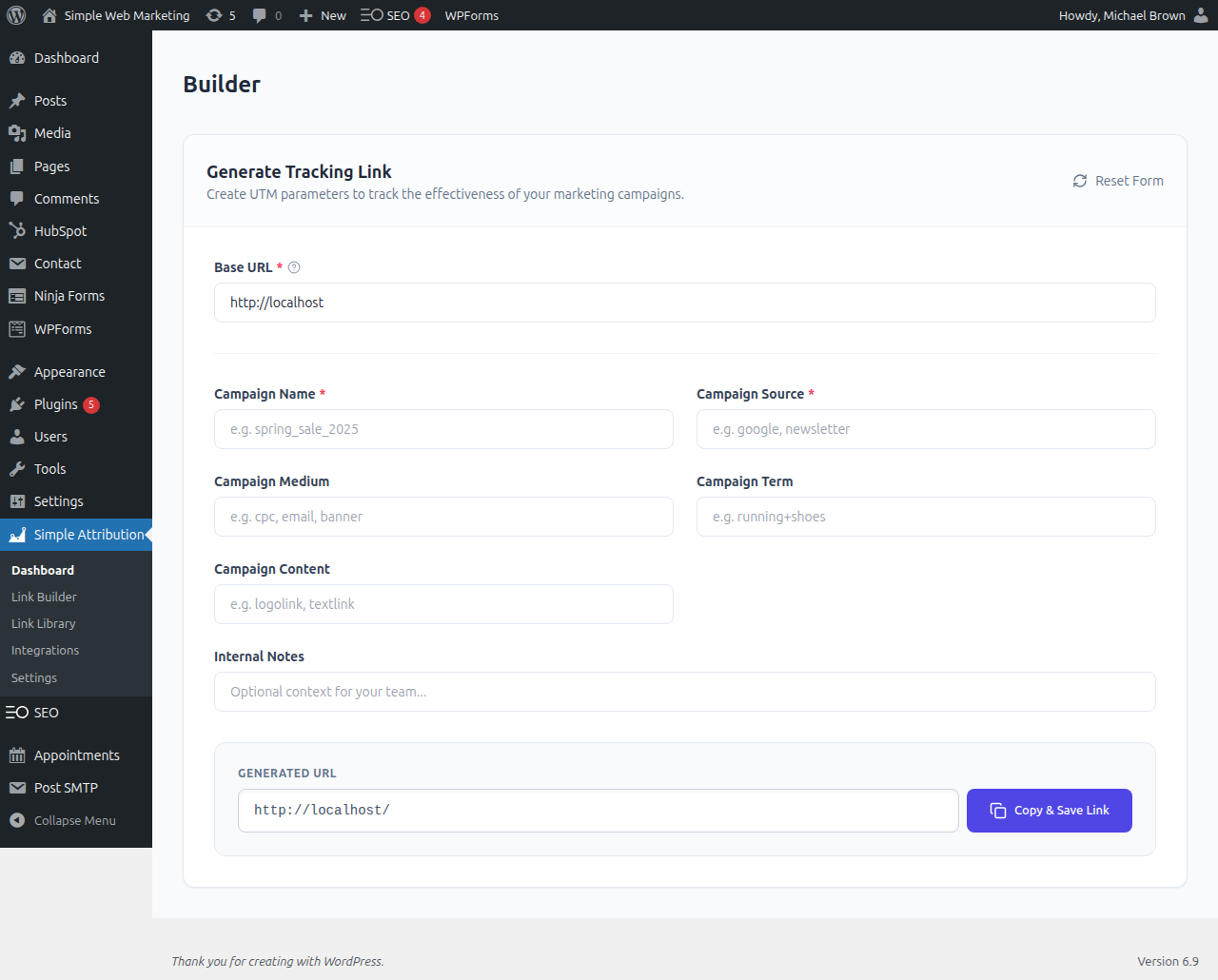 Link builder tool for generating UTM tags and a notes field for logging campaign links.