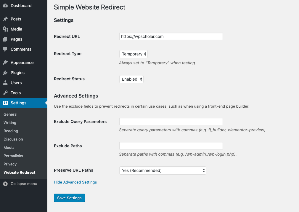 Advanced settings let you configure exclusions to redirects on the front end. Very useful if you still need to use a front-end page builder while redirecting everything else.