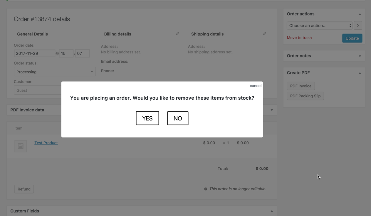 Add an order manually from the Wordpress dashboard and let the plugin take care of updating your stock.