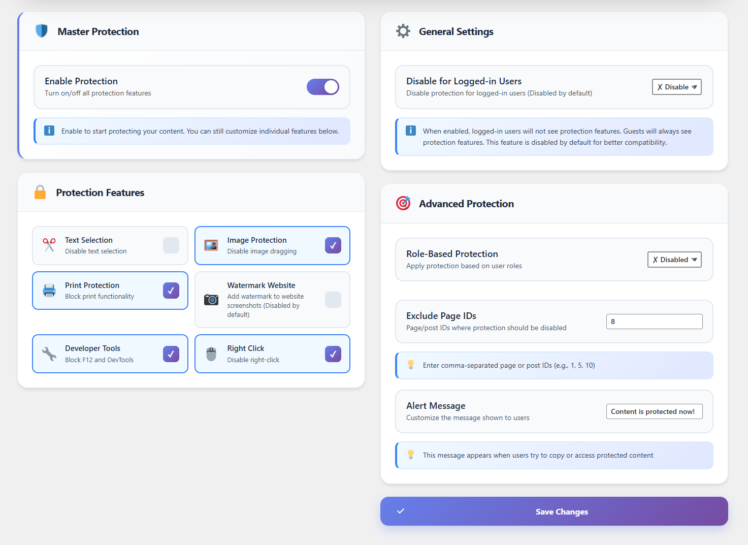 Comprehensive protection features toggle