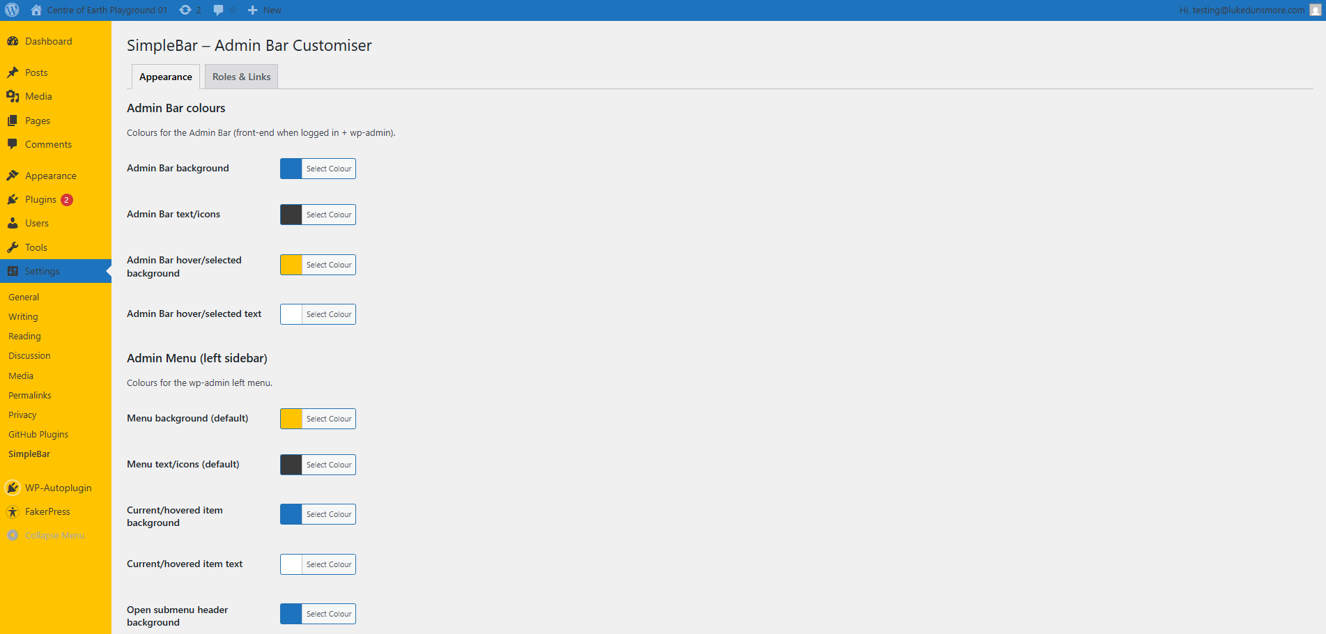 SimpleBar Appearance settings page.
