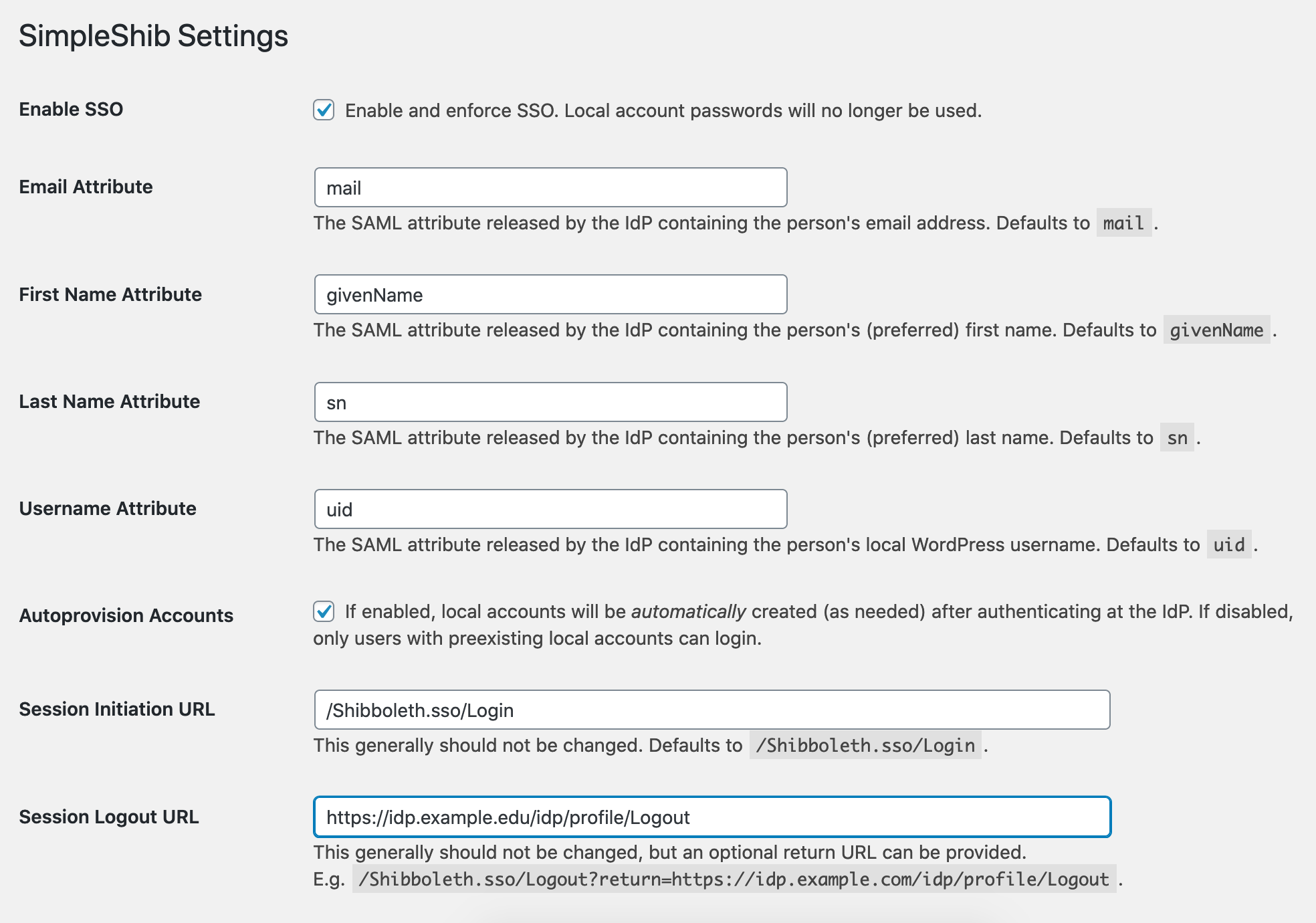 The first half of the SimpleShib plugin settings within the WordPress admin menu.