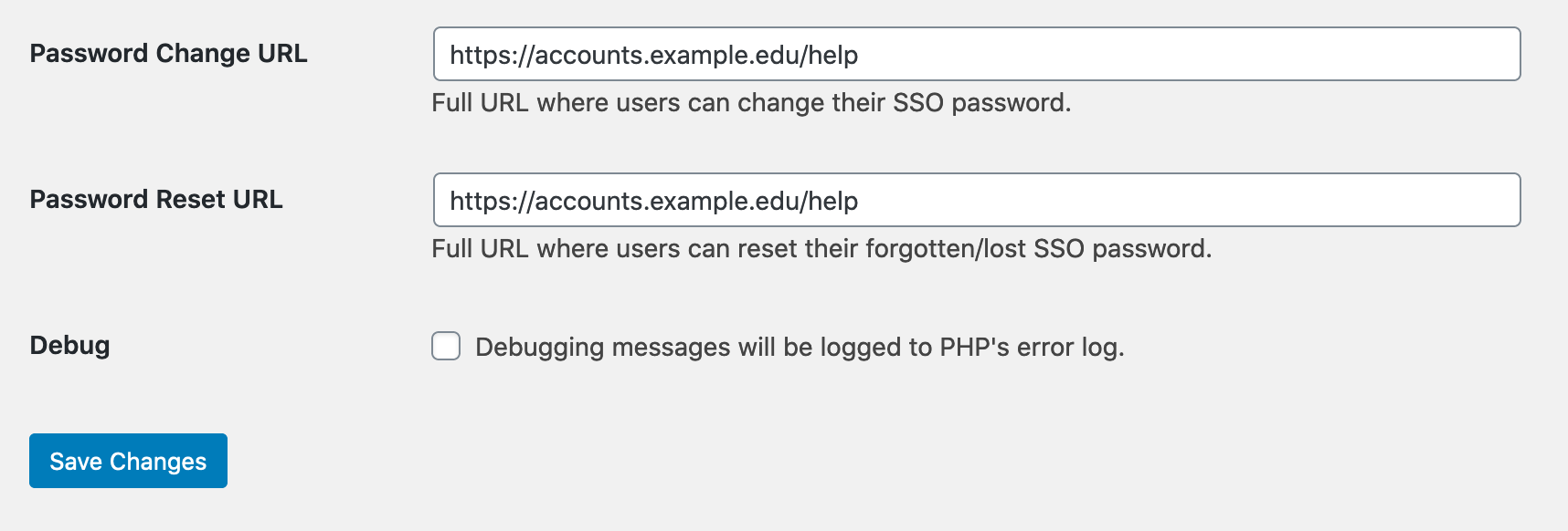 The second half of the SimpleShib plugin settings within the WordPress admin menu.