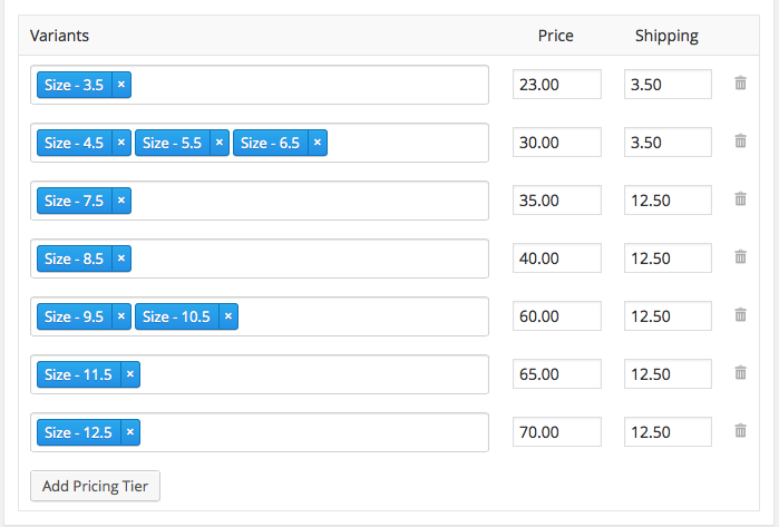 Easily set pricing for variation combinations.