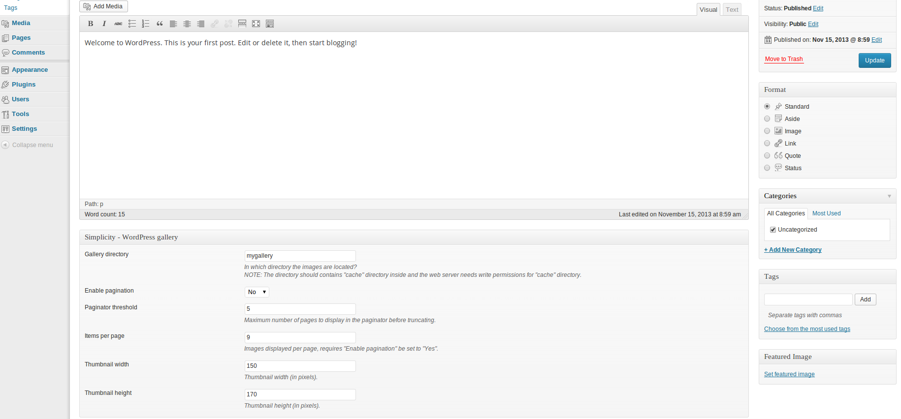 Simplicity Gallery interface on post in WordPress admin