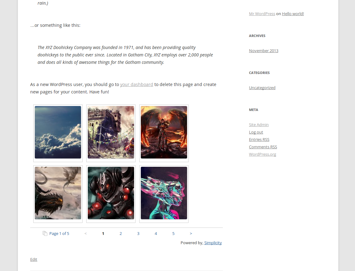 Simplicity Gallery from users interface on post with pagination