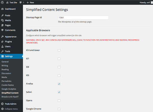 Administration page to select target browsers to trigger simplified content.