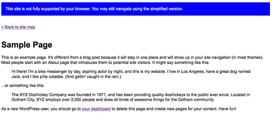 A page with simplified content viewed in a target browser.