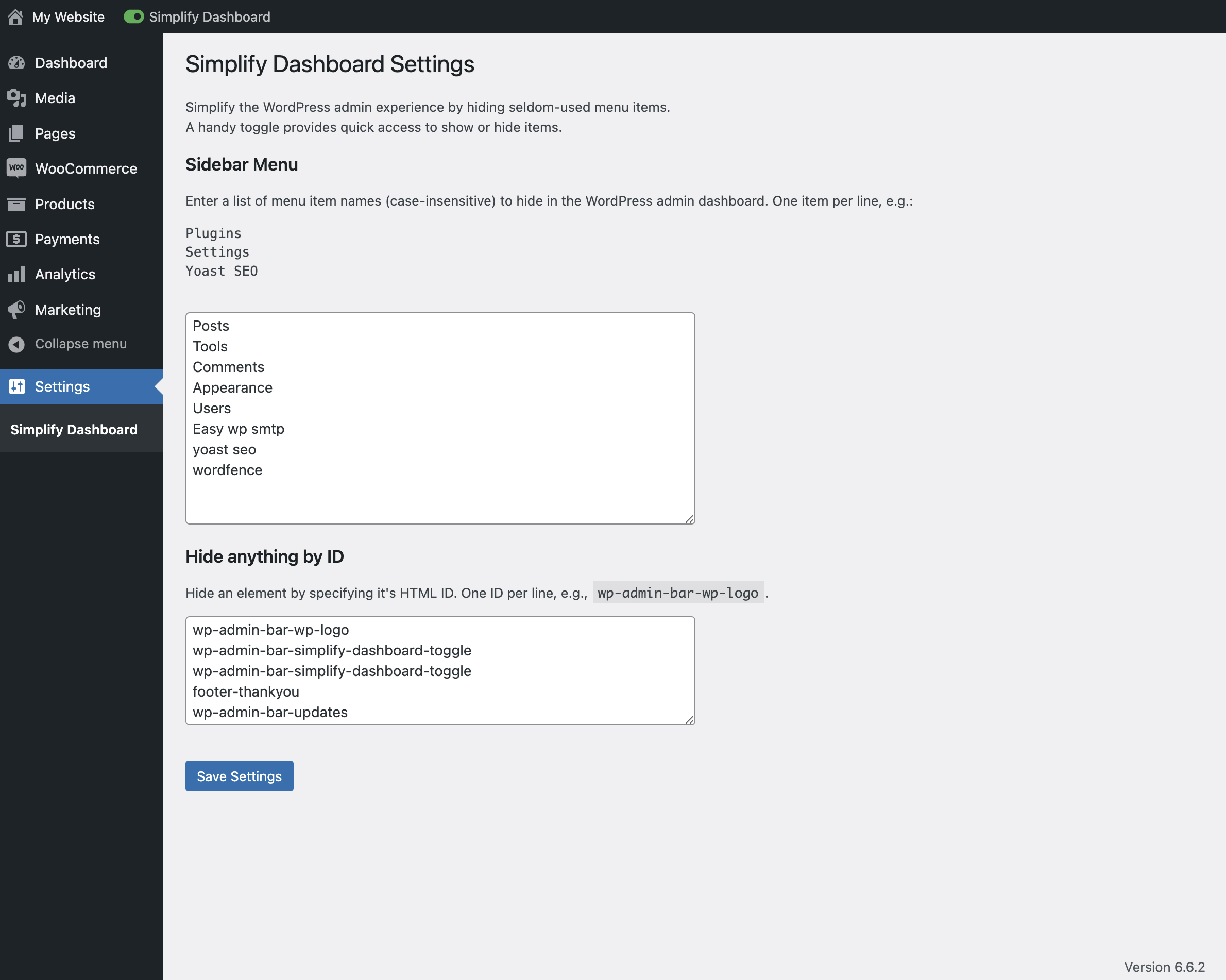The settings page for Simplify Dashboard.