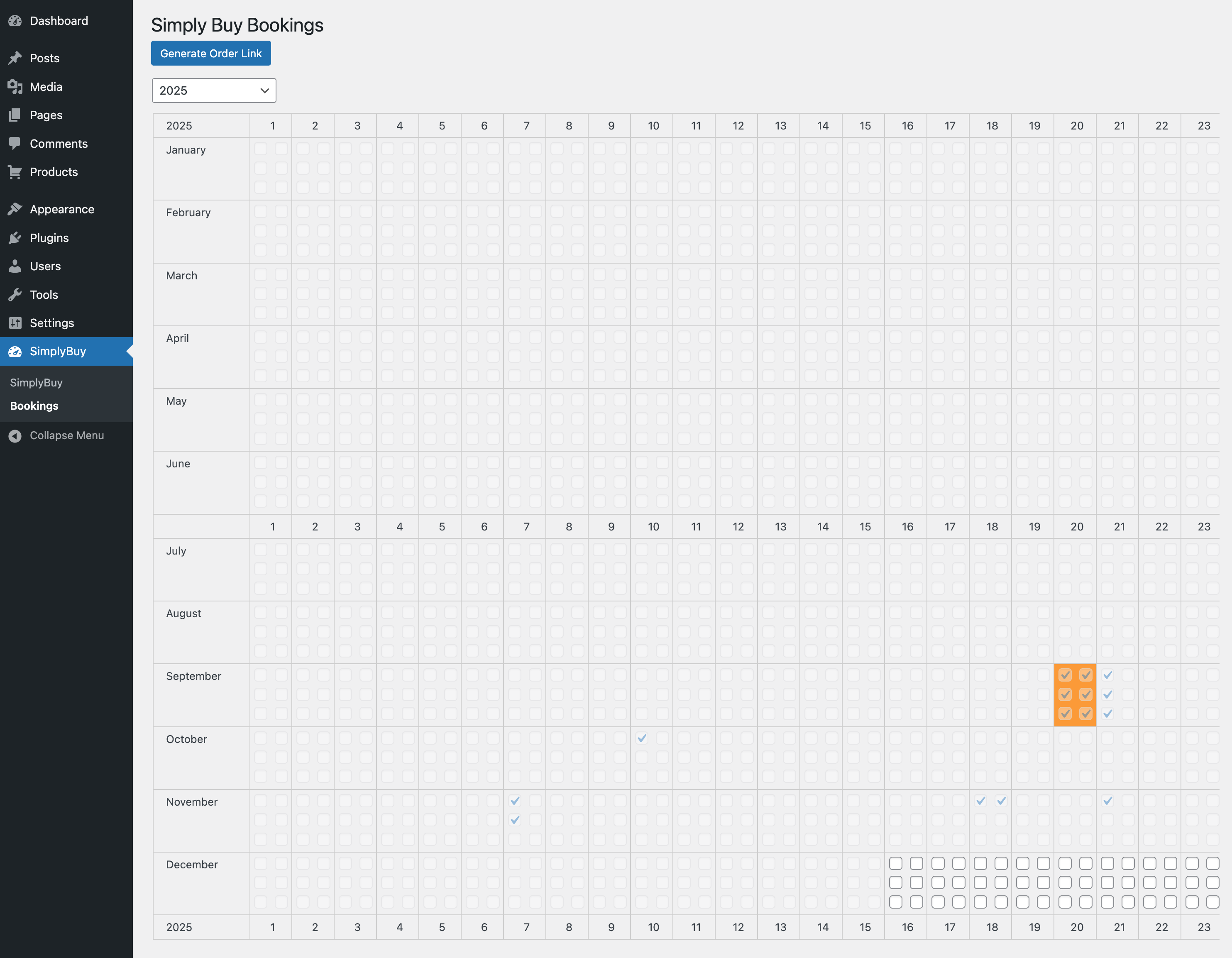 Booking calendar – manage available dates and time slots for customer requests with a visual yearly overview.