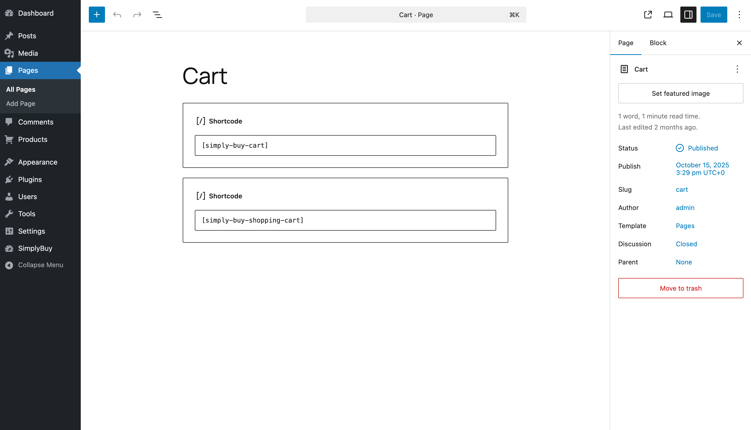 Cart page setup – example of the Cart page using SimplyBuy shortcodes to display selected services.